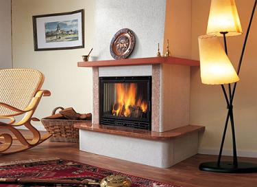 модел 7 Облицовка на камина изработена от врачански камък и мрамор(россо верона)с 15 kW горивна камера